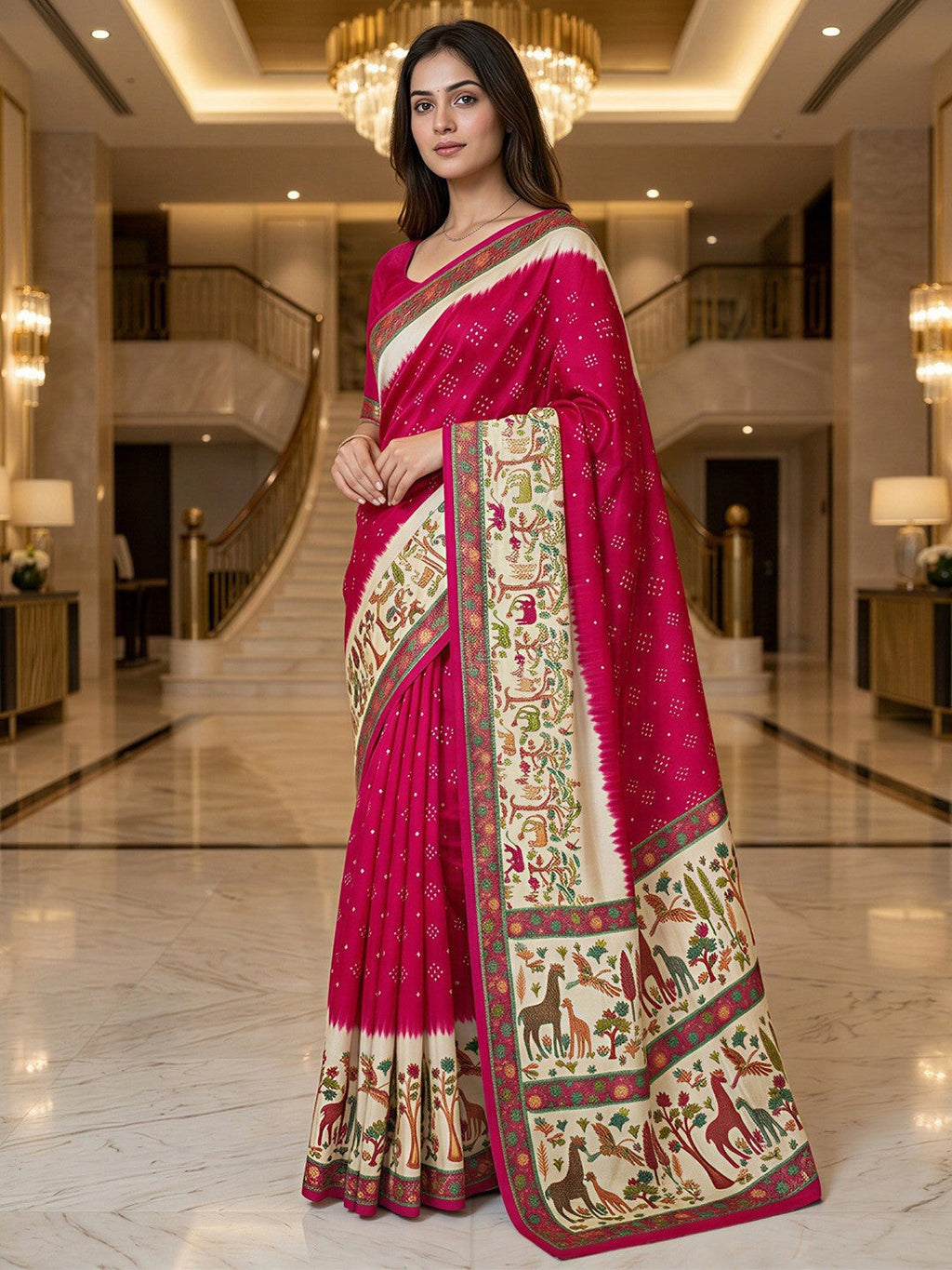 Premium Pink Bandhani & Animal Printed Dola Silk Saree With Rich Foil Work