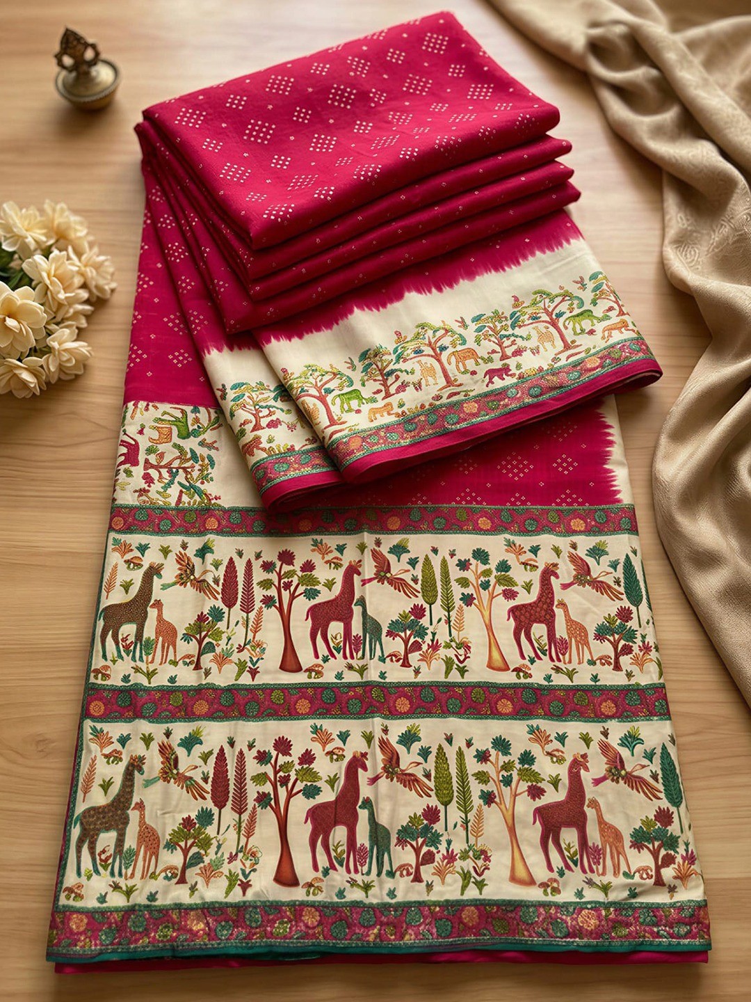 Premium Pink Bandhani & Animal Printed Dola Silk Saree With Rich Foil Work