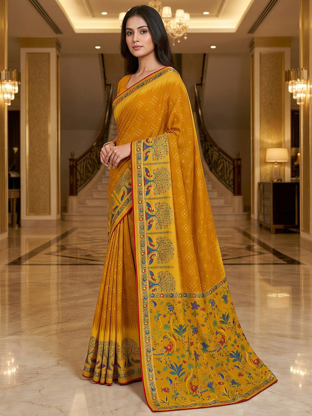 Premium Mustard Bandhani & Floral Printed Dola Silk Saree With Rich Foil Work