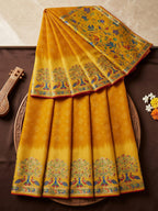 Premium Mustard Bandhani & Floral Printed Dola Silk Saree With Rich Foil Work