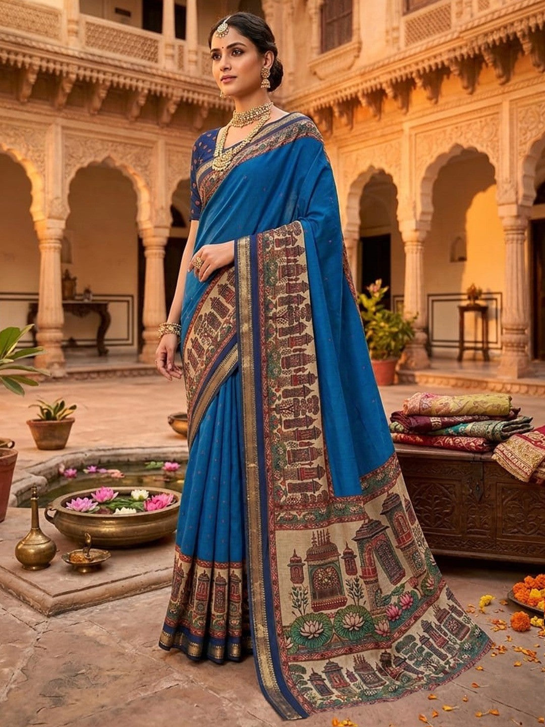 Graceful Blue Temple & Floral Print Mulmul Cotton Saree Enhanced With Zari Border Work
