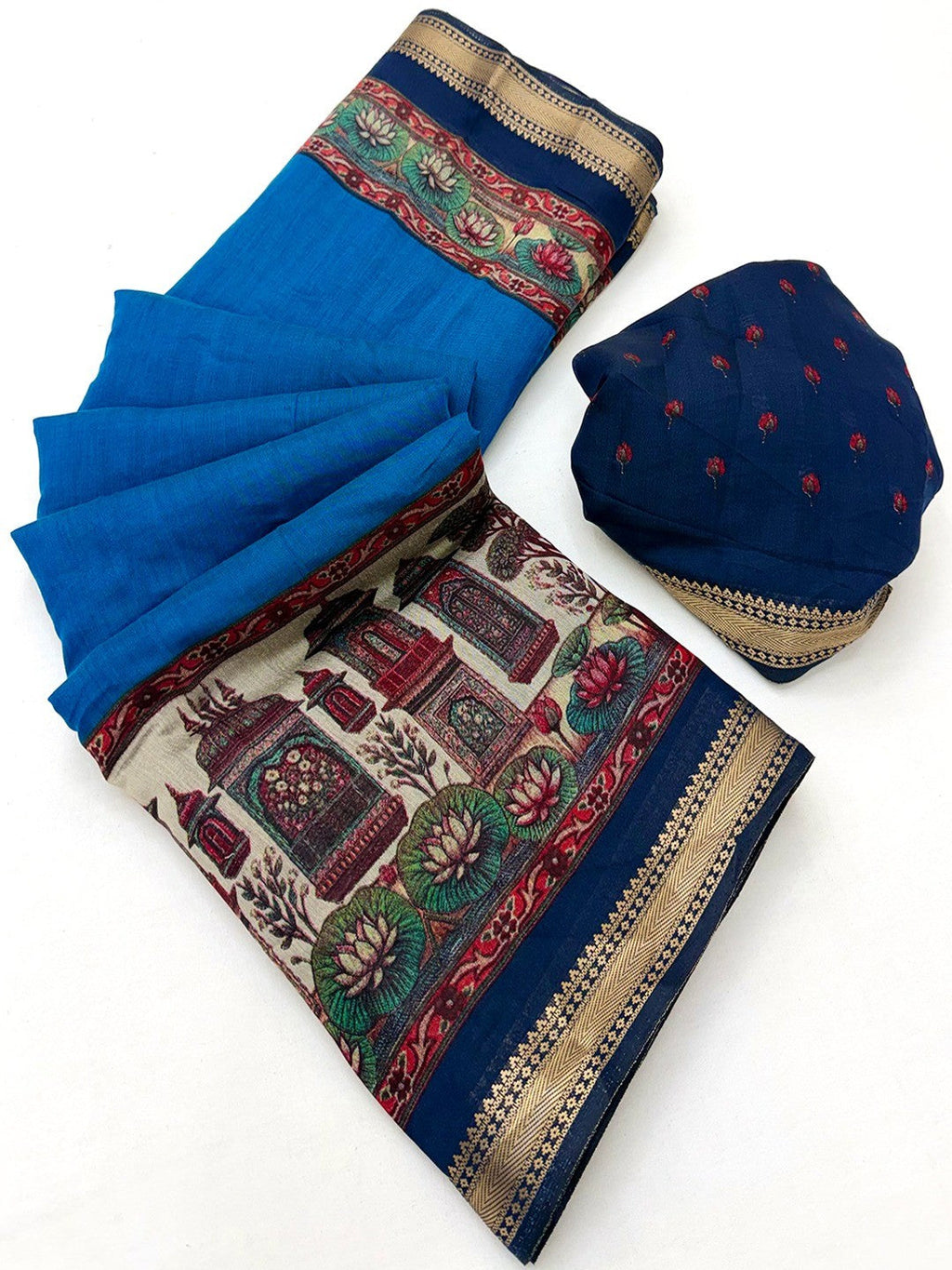 Graceful Blue Temple & Floral Print Mulmul Cotton Saree Enhanced With Zari Border Work