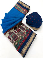 Graceful Blue Temple & Floral Print Mulmul Cotton Saree Enhanced With Zari Border Work
