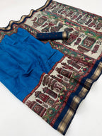 Graceful Blue Temple & Floral Print Mulmul Cotton Saree Enhanced With Zari Border Work