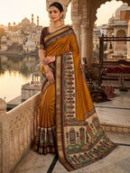 Graceful Mustard Temple & Floral Print Mulmul Cotton Saree Enhanced With Zari Border Work