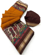 Graceful Mustard Temple & Floral Print Mulmul Cotton Saree Enhanced With Zari Border Work