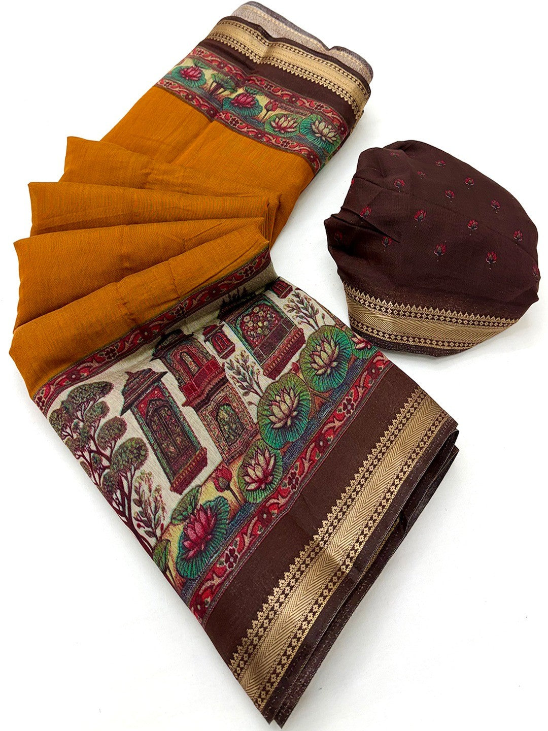 Graceful Mustard Temple & Floral Print Mulmul Cotton Saree Enhanced With Zari Border Work