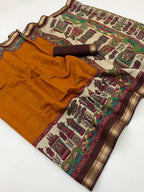 Graceful Mustard Temple & Floral Print Mulmul Cotton Saree Enhanced With Zari Border Work