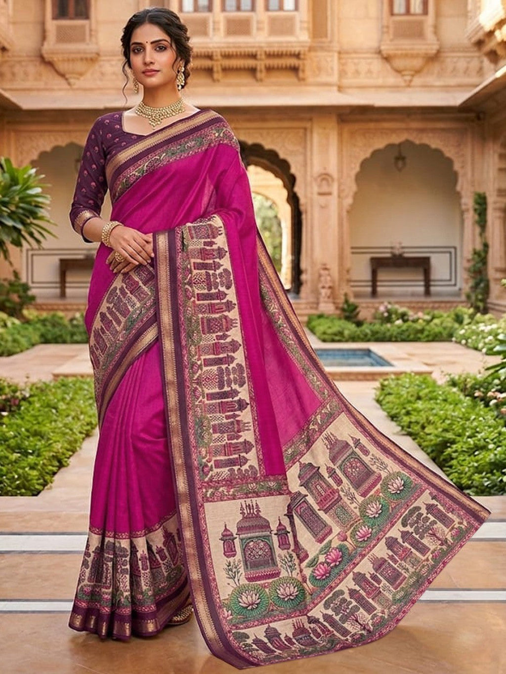 Graceful Magenta Temple & Floral Print Mulmul Cotton Saree Enhanced With Zari Border Work