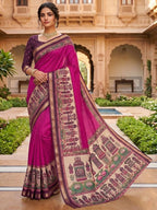 Graceful Magenta Temple & Floral Print Mulmul Cotton Saree Enhanced With Zari Border Work
