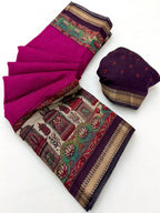 Graceful Magenta Temple & Floral Print Mulmul Cotton Saree Enhanced With Zari Border Work