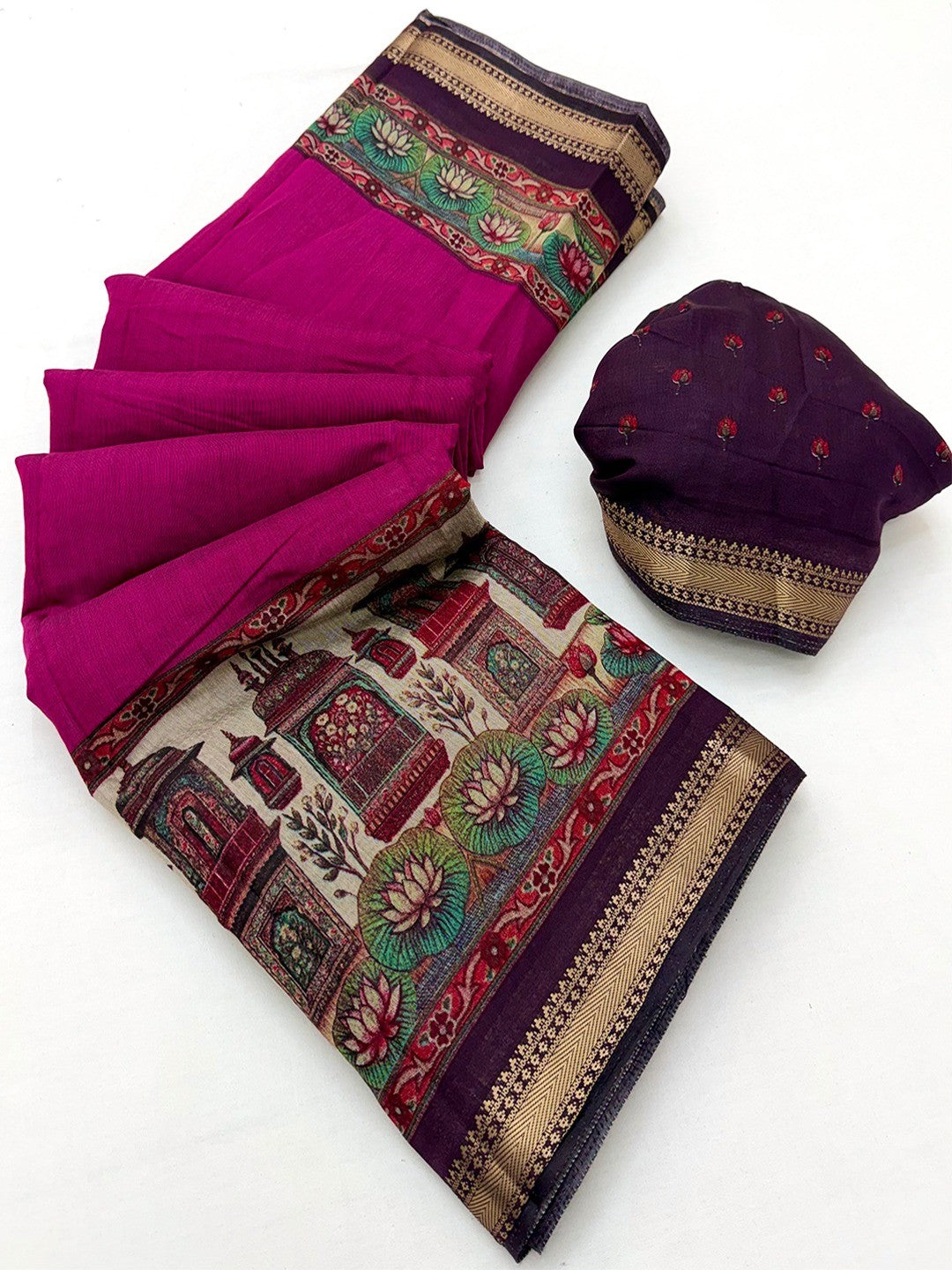 Graceful Magenta Temple & Floral Print Mulmul Cotton Saree Enhanced With Zari Border Work