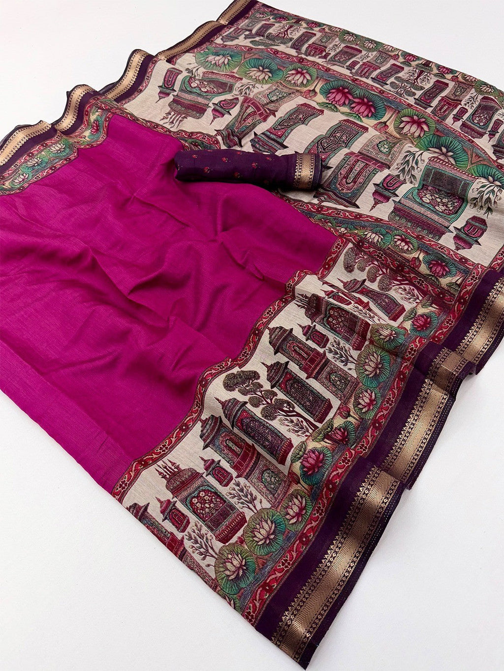 Graceful Magenta Temple & Floral Print Mulmul Cotton Saree Enhanced With Zari Border Work
