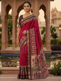 Graceful Red Temple & Floral Print Mulmul Cotton Saree Enhanced With Zari Border Work