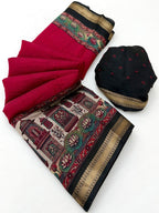 Graceful Red Temple & Floral Print Mulmul Cotton Saree Enhanced With Zari Border Work