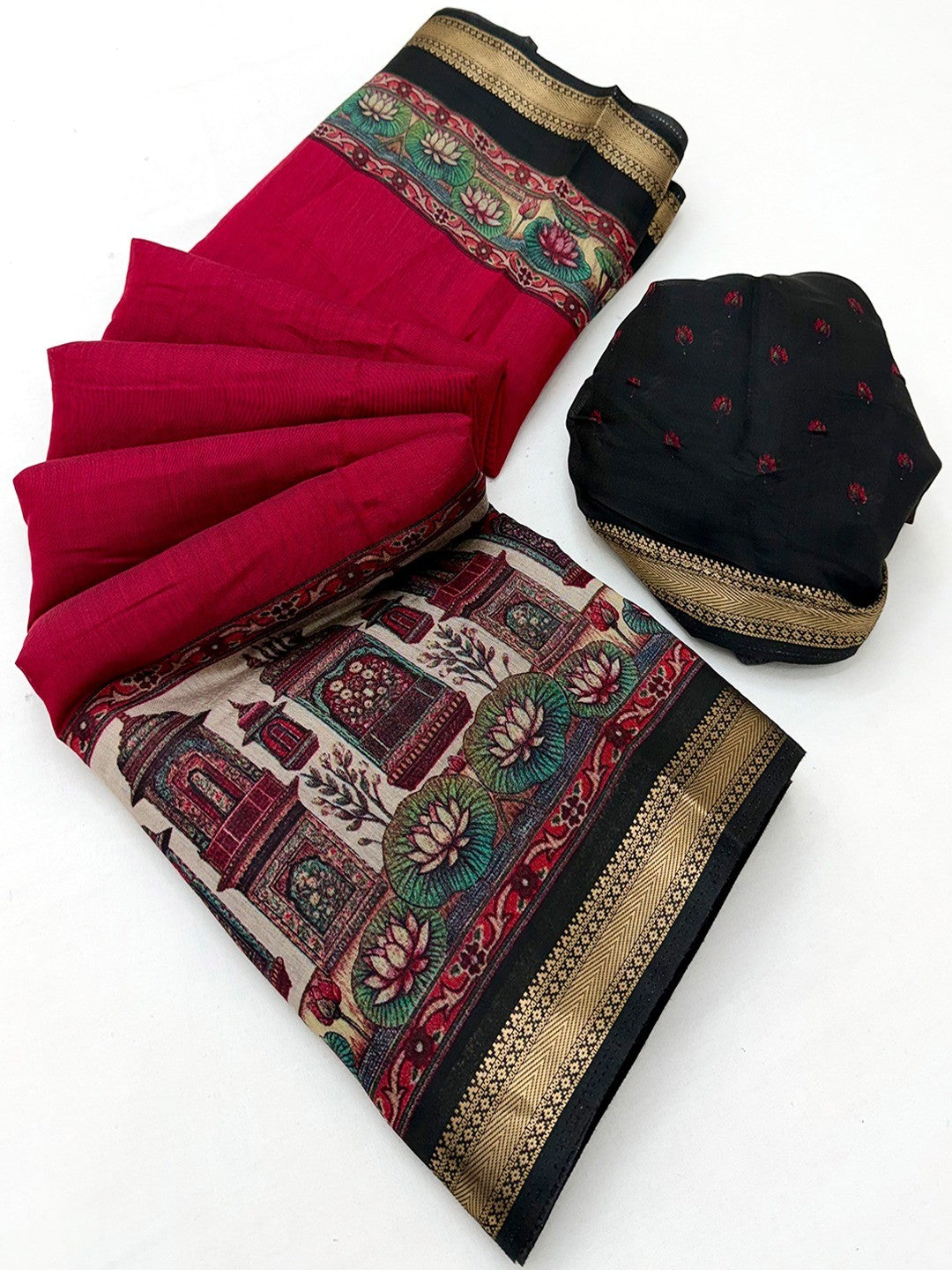 Graceful Red Temple & Floral Print Mulmul Cotton Saree Enhanced With Zari Border Work