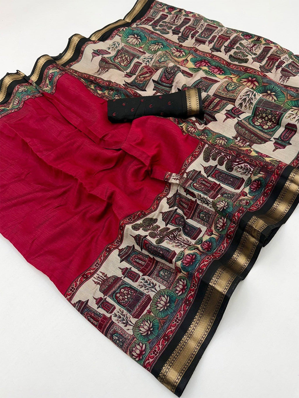 Graceful Red Temple & Floral Print Mulmul Cotton Saree Enhanced With Zari Border Work