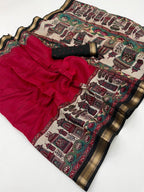 Graceful Red Temple & Floral Print Mulmul Cotton Saree Enhanced With Zari Border Work