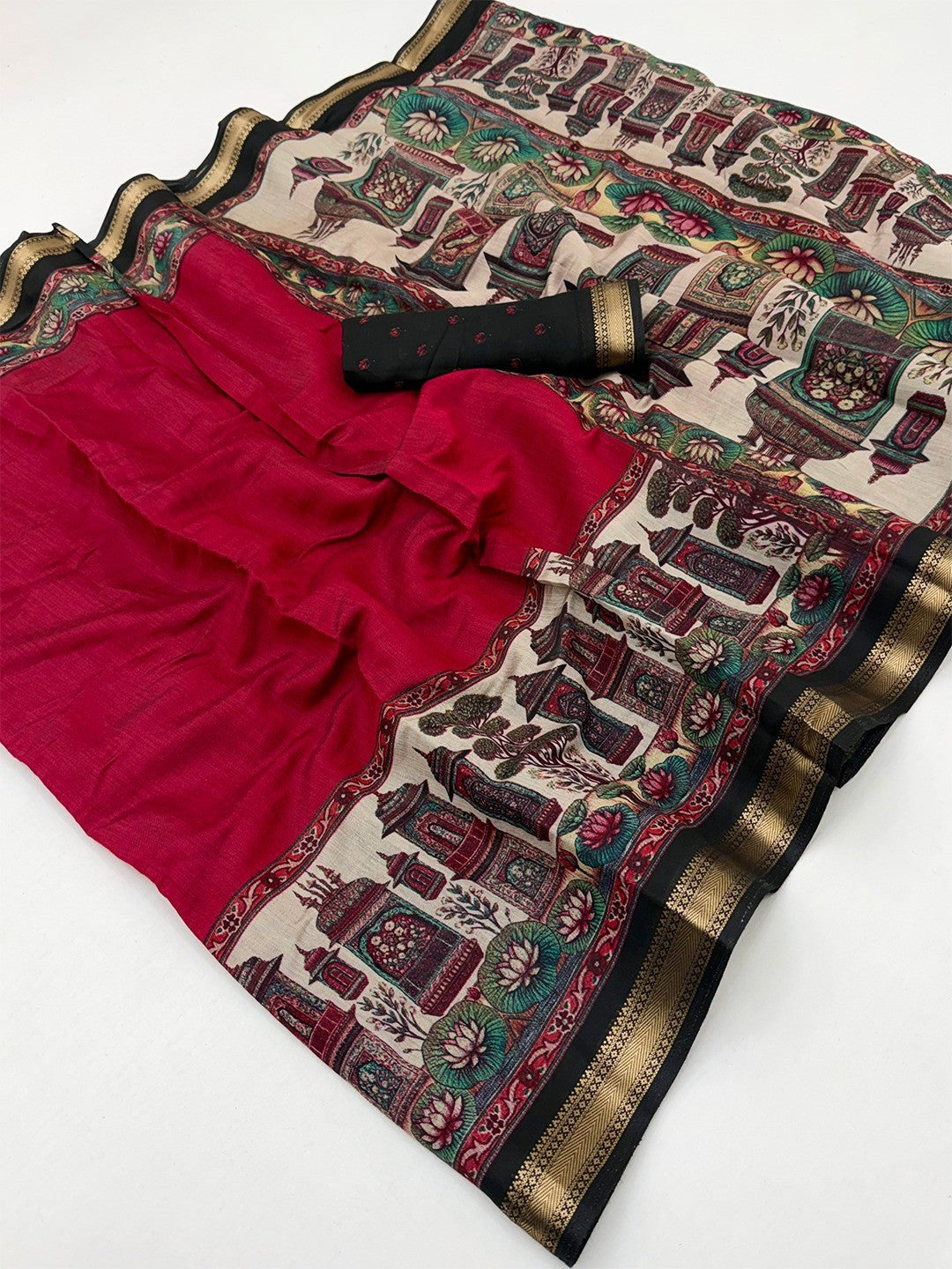 Graceful Red Temple & Floral Print Mulmul Cotton Saree Enhanced With Zari Border Work