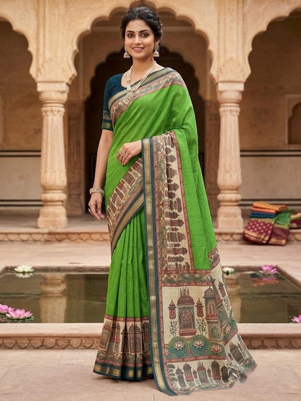 Graceful Green Temple & Floral Print Mulmul Cotton Saree Enhanced With Zari Border Work