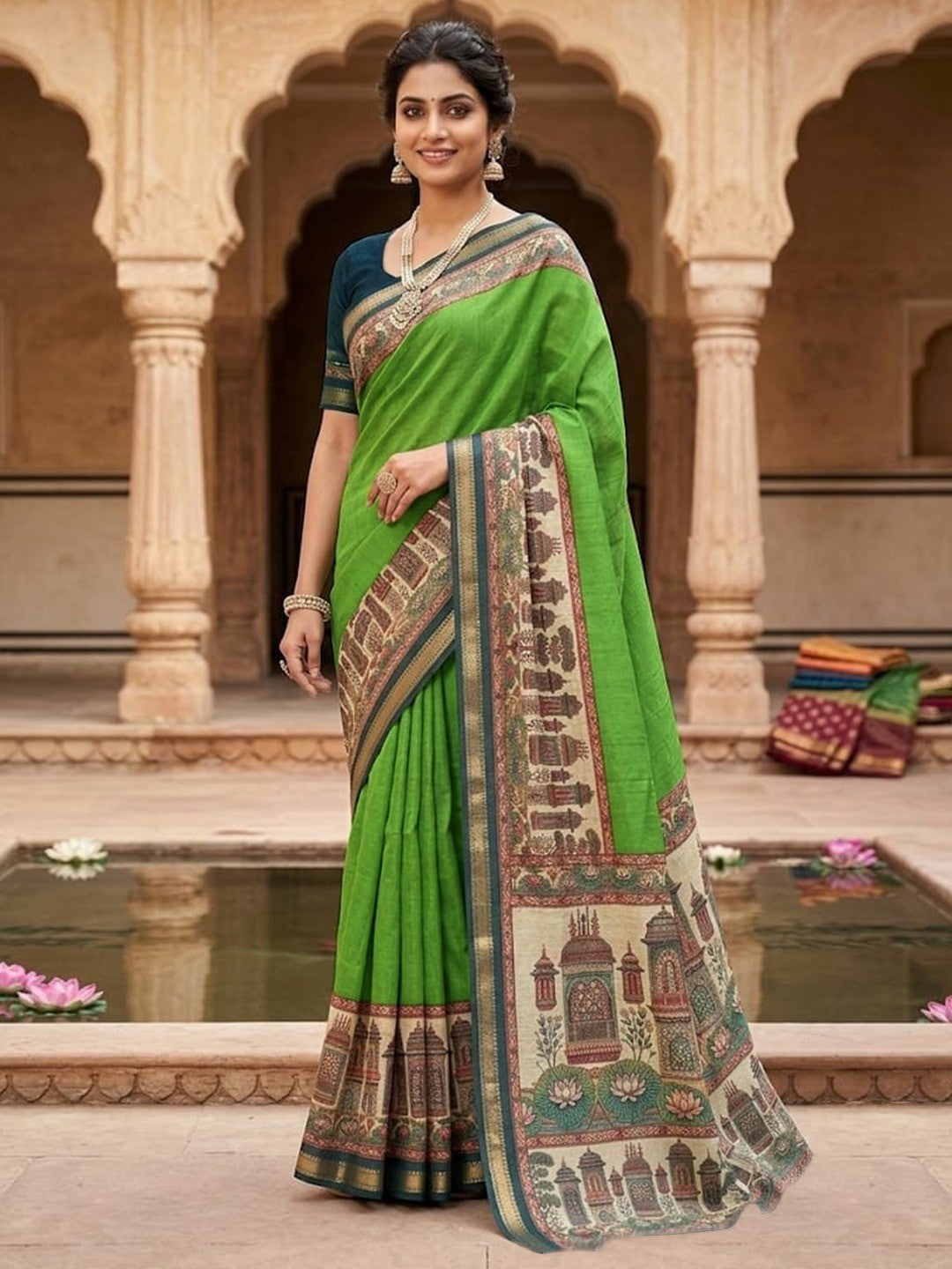 Graceful Green Temple & Floral Print Mulmul Cotton Saree Enhanced With Zari Border Work