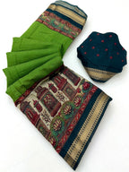 Graceful Green Temple & Floral Print Mulmul Cotton Saree Enhanced With Zari Border Work