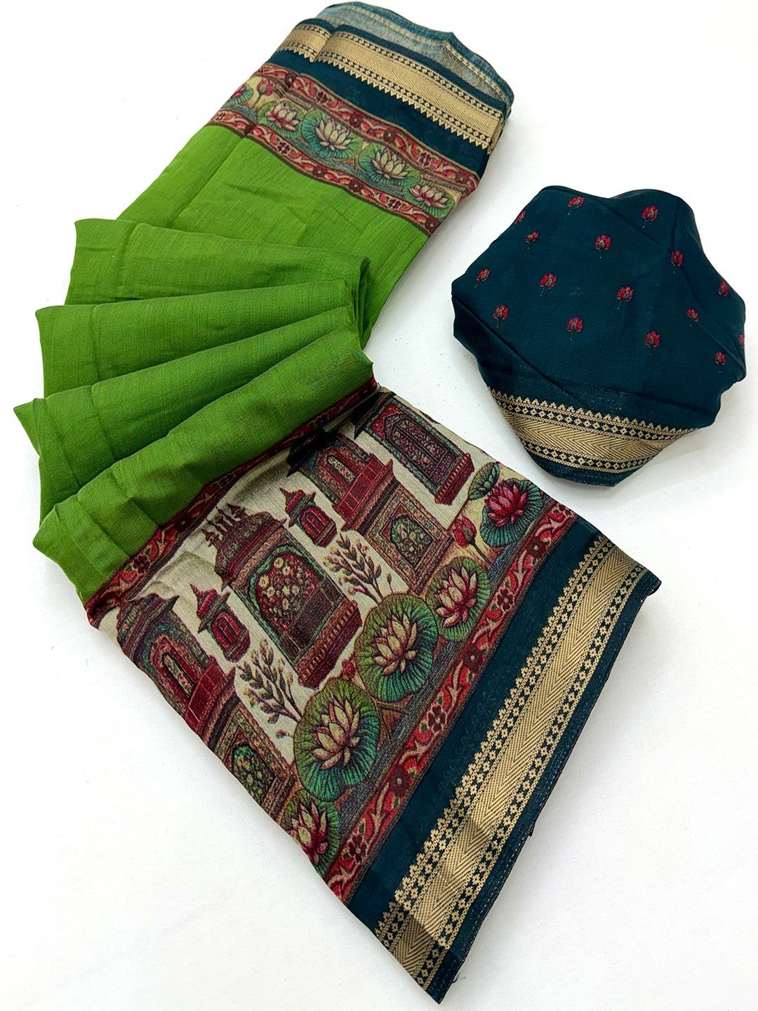 Graceful Green Temple & Floral Print Mulmul Cotton Saree Enhanced With Zari Border Work
