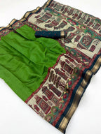 Graceful Green Temple & Floral Print Mulmul Cotton Saree Enhanced With Zari Border Work