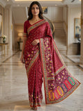 Premium Maroon Bandhani & Floral Printed Dola Silk Saree With Rich Foil Work