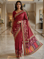 Premium Maroon Bandhani & Floral Printed Dola Silk Saree With Rich Foil Work
