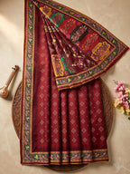 Premium Maroon Bandhani & Floral Printed Dola Silk Saree With Rich Foil Work