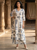Blue Abstract Print Pure Cotton A-Line Top Bottom Set for Casual Wear