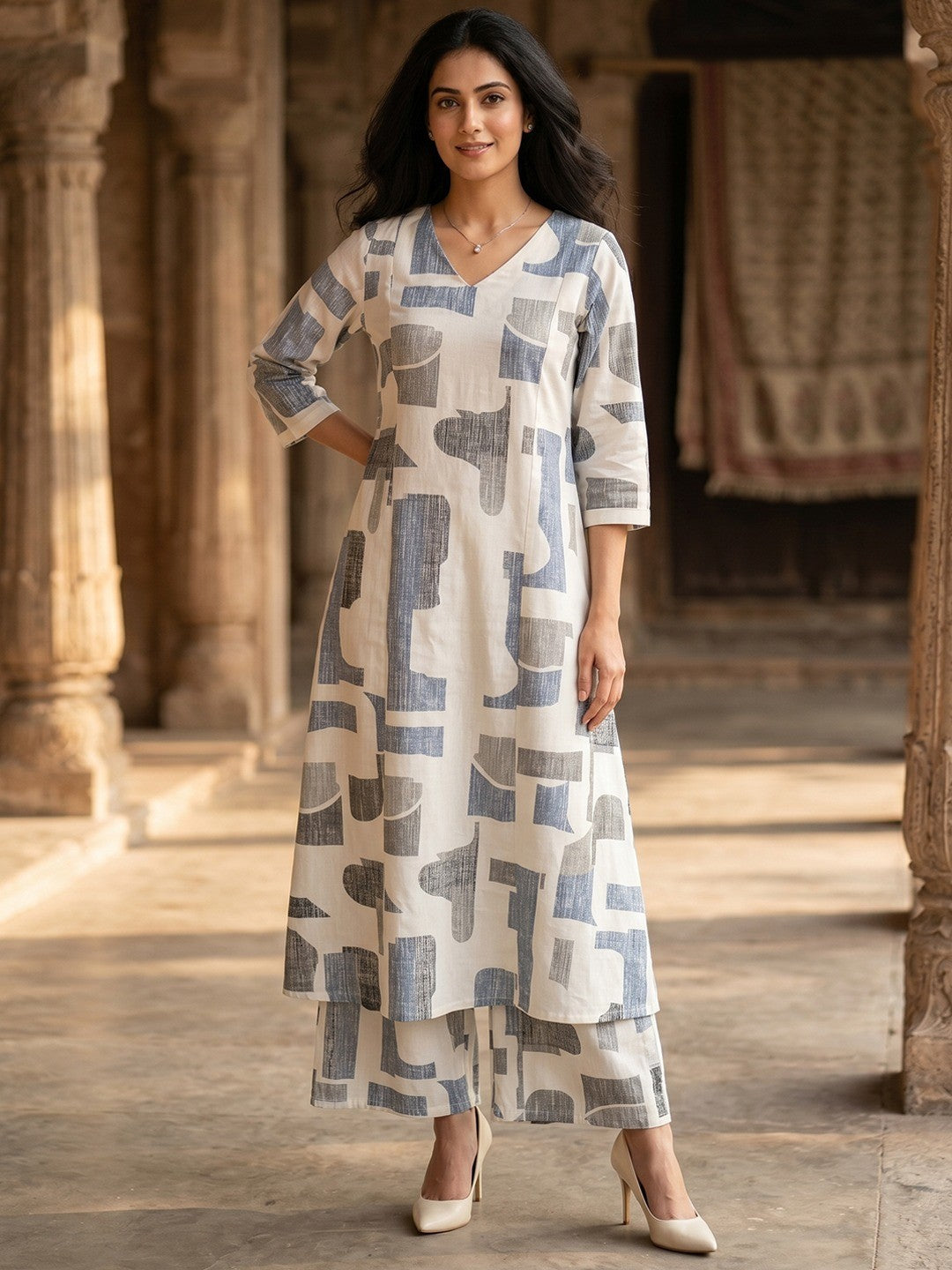 Blue Abstract Print Pure Cotton A-Line Top Bottom Set for Casual Wear