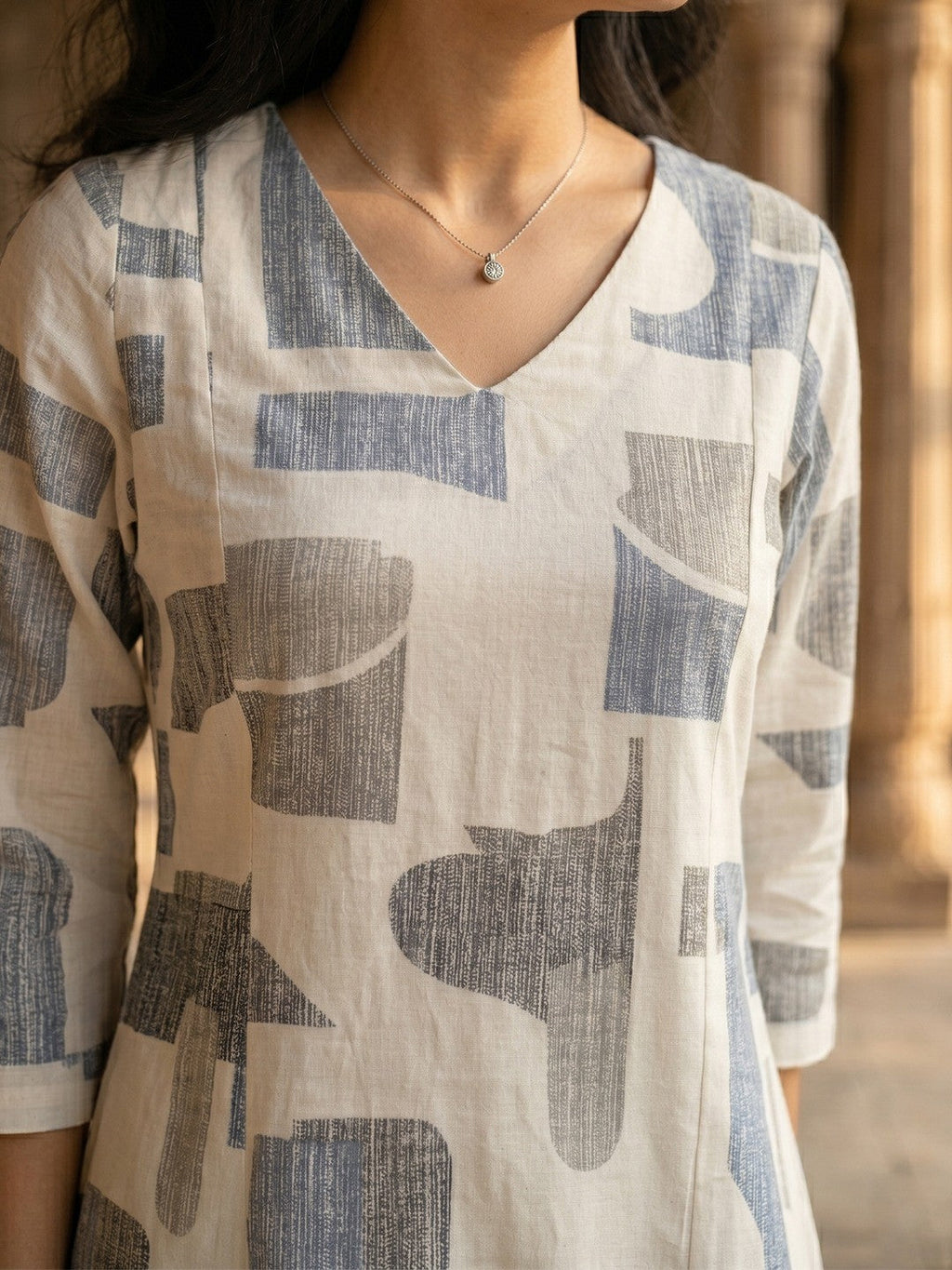 Blue Abstract Print Pure Cotton A-Line Top Bottom Set for Casual Wear