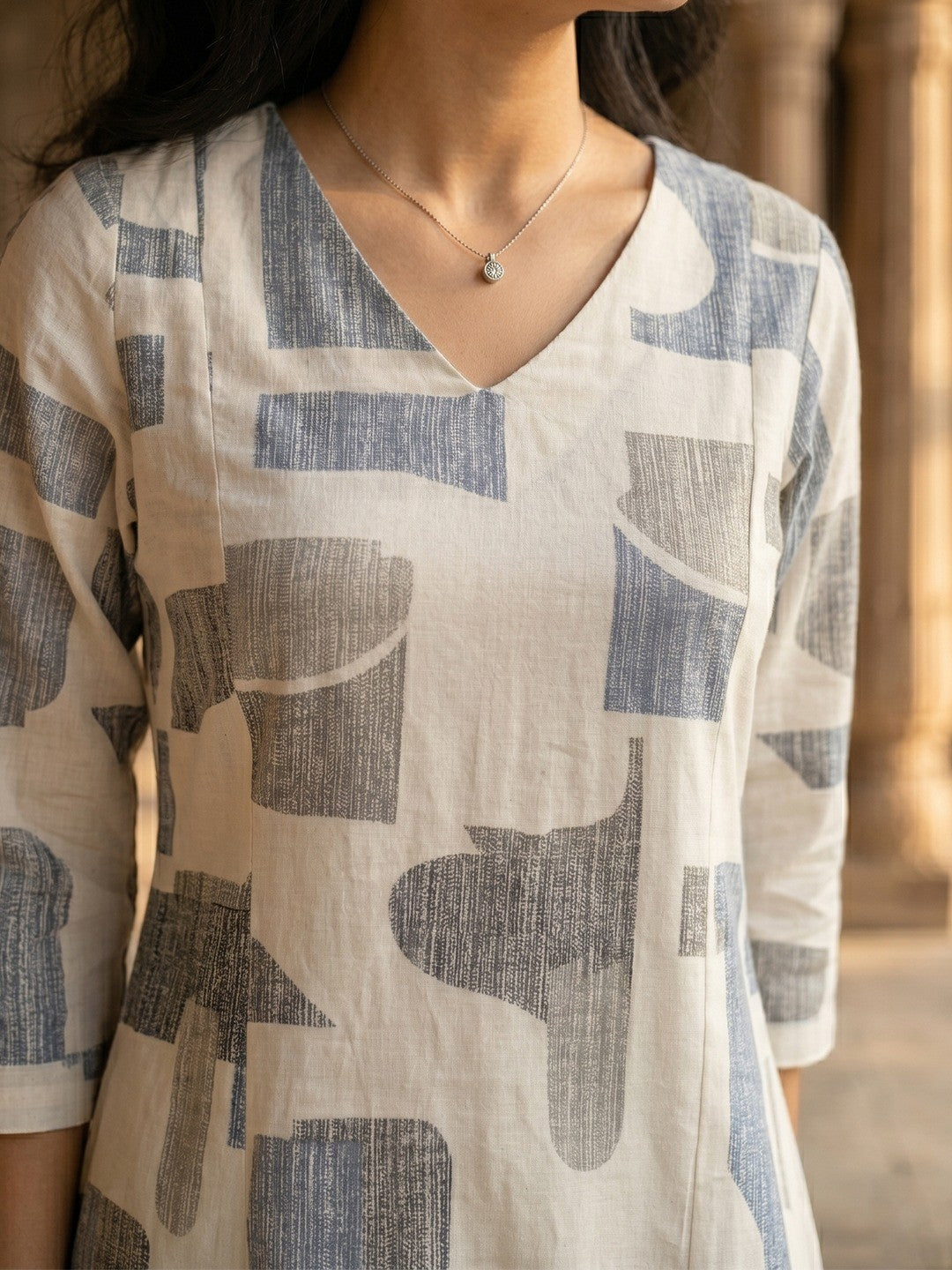 Blue Abstract Print Pure Cotton A-Line Top Bottom Set for Casual Wear