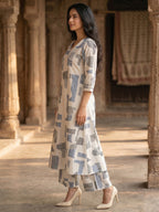 Blue Abstract Print Pure Cotton A-Line Top Bottom Set for Casual Wear