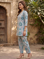 Green Floral Print Linen Two Piece Set with Modern Patterns and Soft Feel