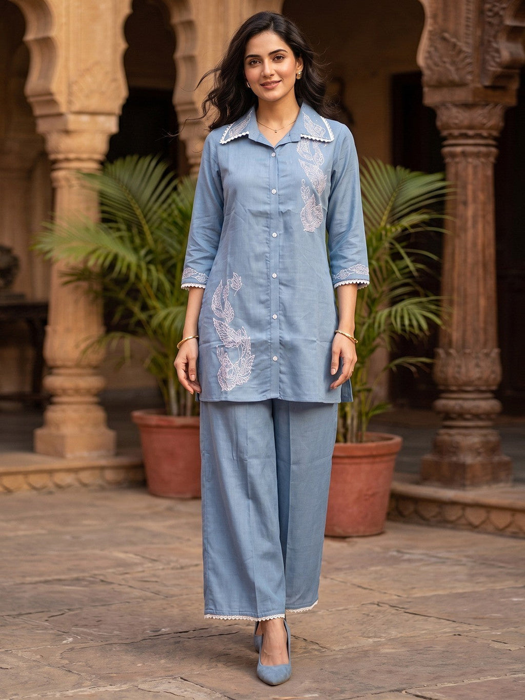 Stylish Blue Viscose Co-ord Set with Intricate Embroidered Work