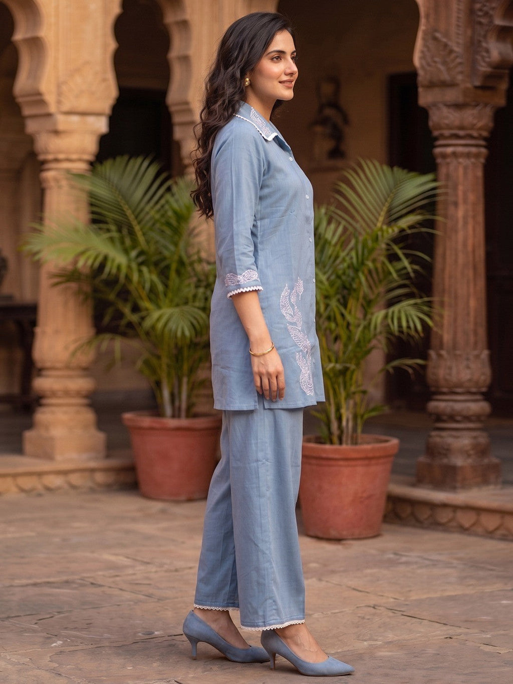 Stylish Blue Viscose Co-ord Set with Intricate Embroidered Work