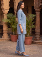 Stylish Blue Viscose Co-ord Set with Intricate Embroidered Work