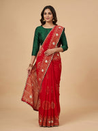 Red Vichitra Silk Saree with Bandhani Design and Gota Work Traditional Look