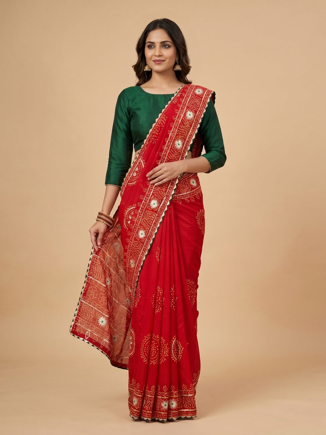 Red Vichitra Silk Saree with Bandhani Design and Gota Work Traditional Look