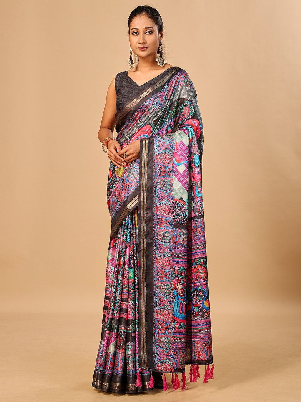 Elegant Black Floral & Paisley Digital Printed Tussar Silk Saree with Tassels Pallu