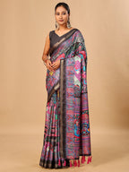 Elegant Black Floral & Paisley Digital Printed Tussar Silk Saree with Tassels Pallu