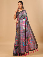 Elegant Black Floral & Paisley Digital Printed Tussar Silk Saree with Tassels Pallu