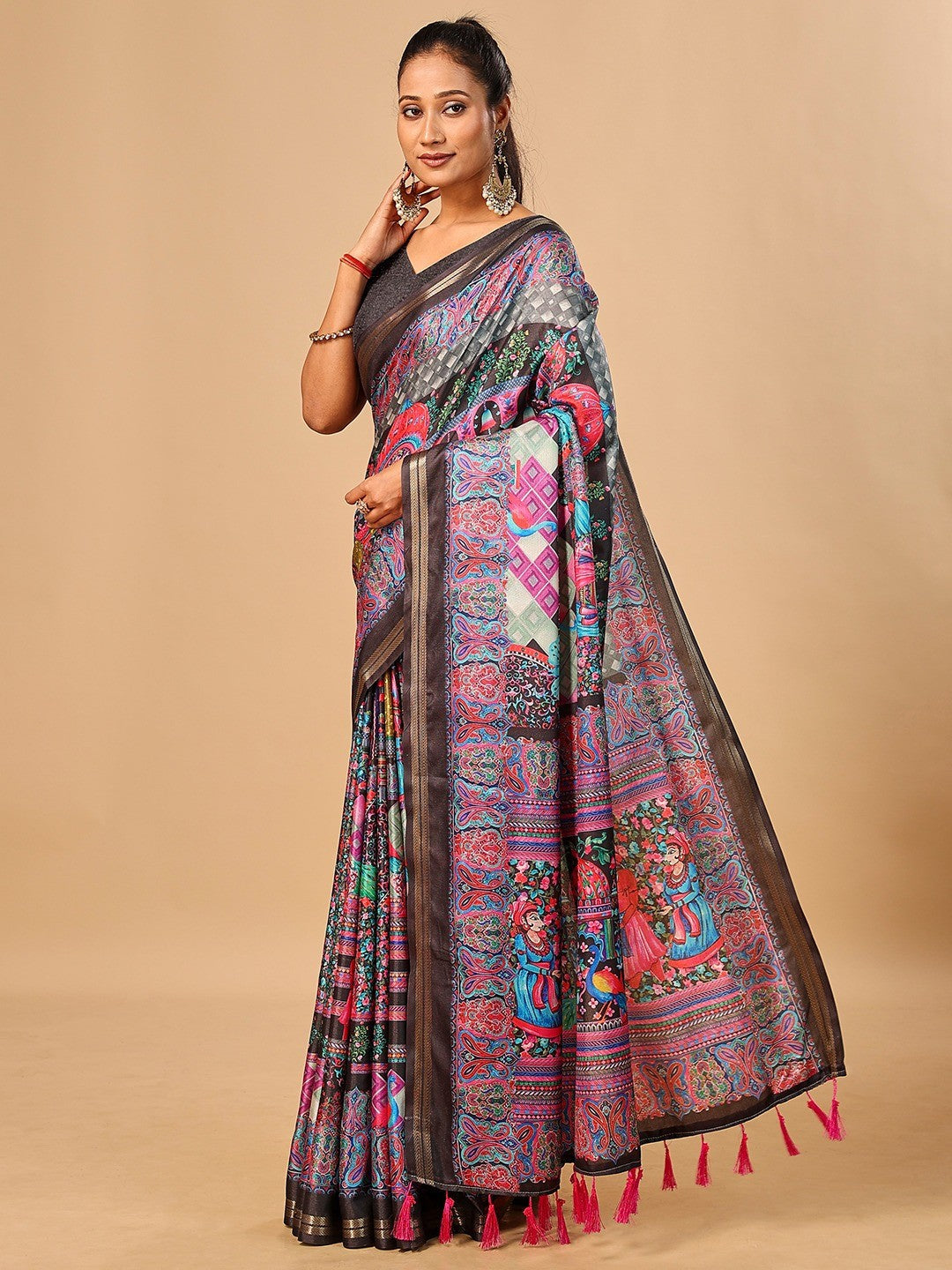 Elegant Black Floral & Paisley Digital Printed Tussar Silk Saree with Tassels Pallu