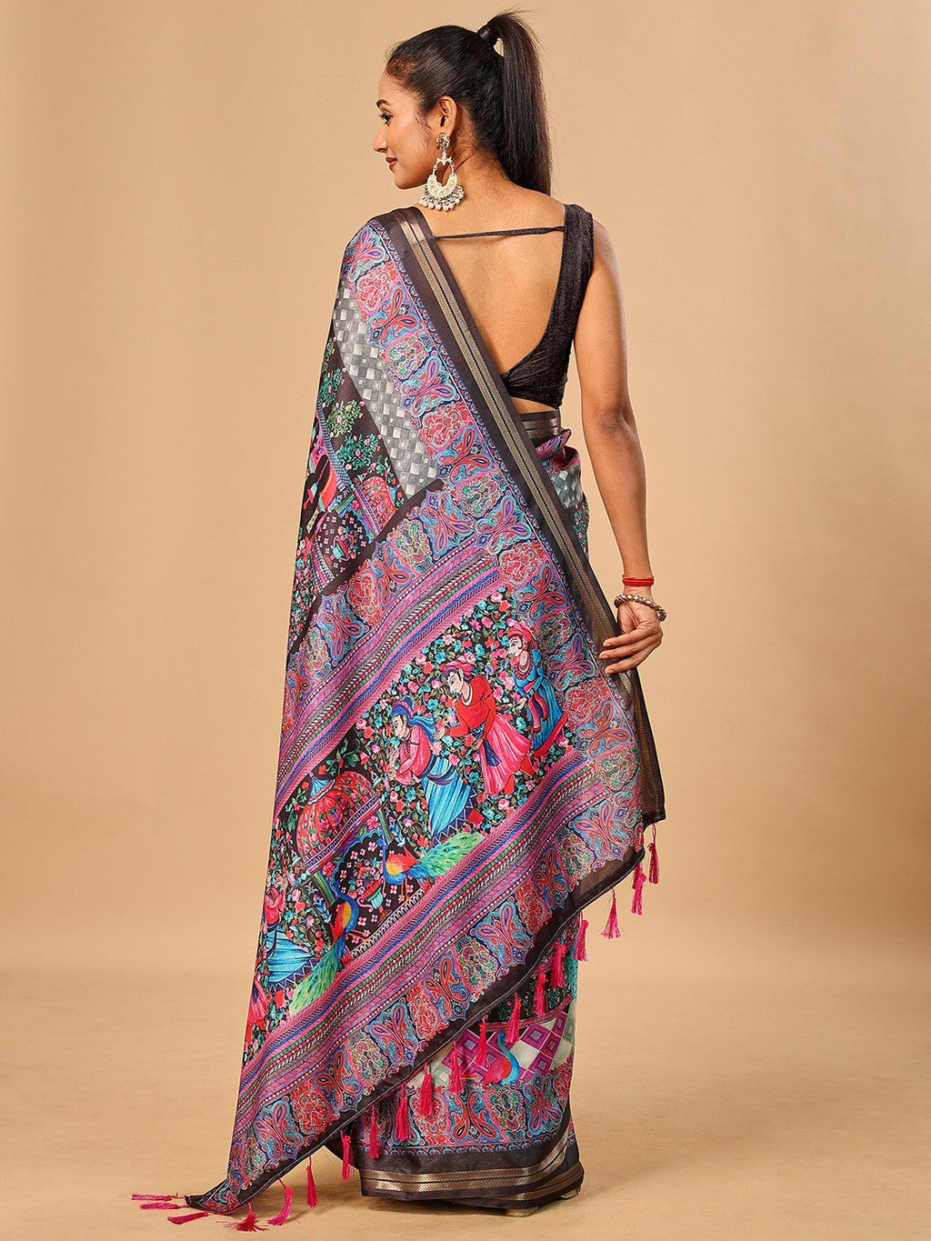 Elegant Black Floral & Paisley Digital Printed Tussar Silk Saree with Tassels Pallu