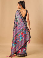 Elegant Black Floral & Paisley Digital Printed Tussar Silk Saree with Tassels Pallu