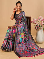 Elegant Black Floral & Paisley Digital Printed Tussar Silk Saree with Tassels Pallu