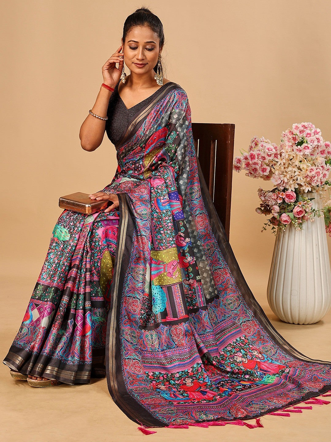 Elegant Black Floral & Paisley Digital Printed Tussar Silk Saree with Tassels Pallu